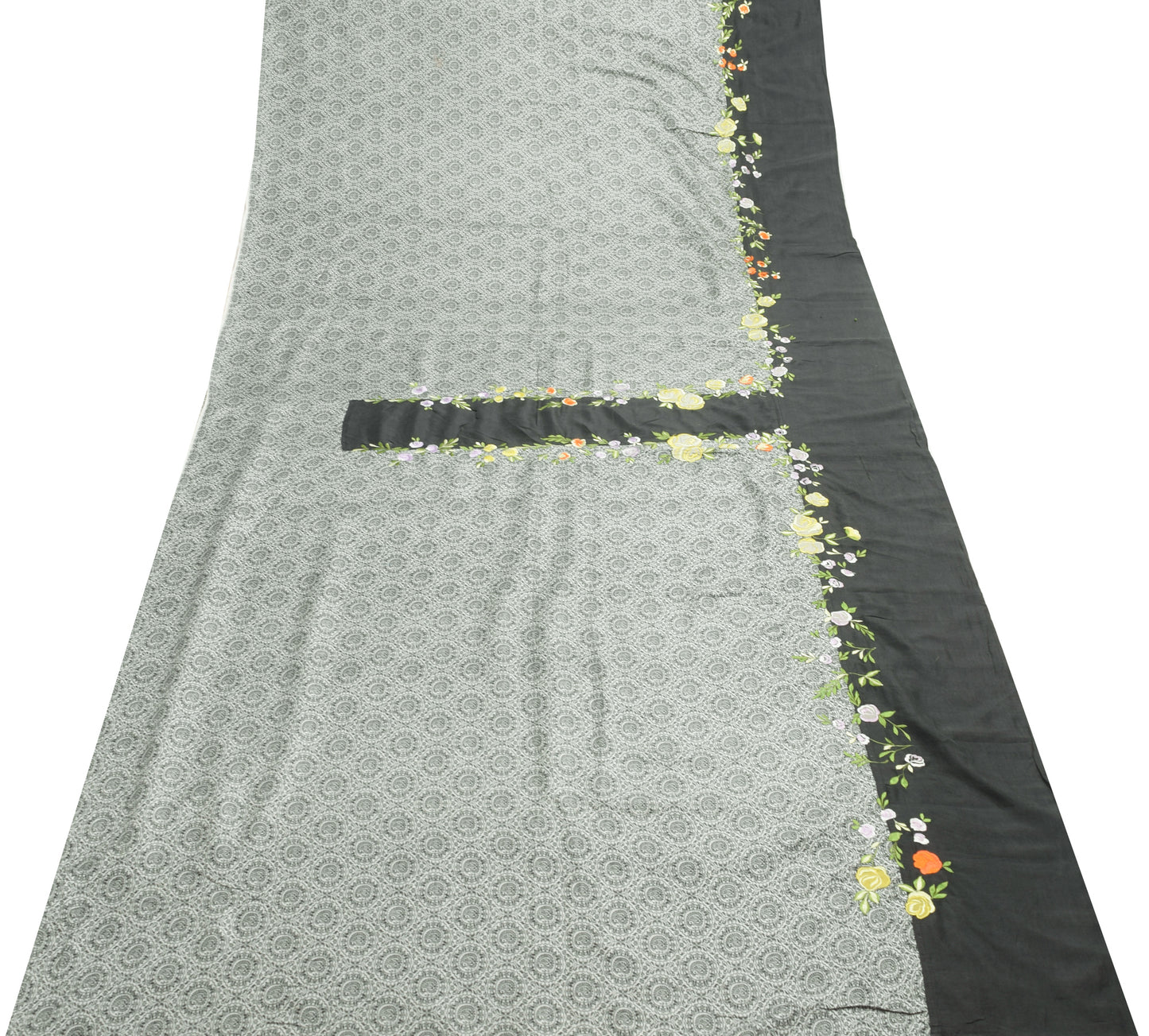 Sushila Vintage Gray 100% Pure Silk Saree Floral Embroidered Soft Sari Fabric