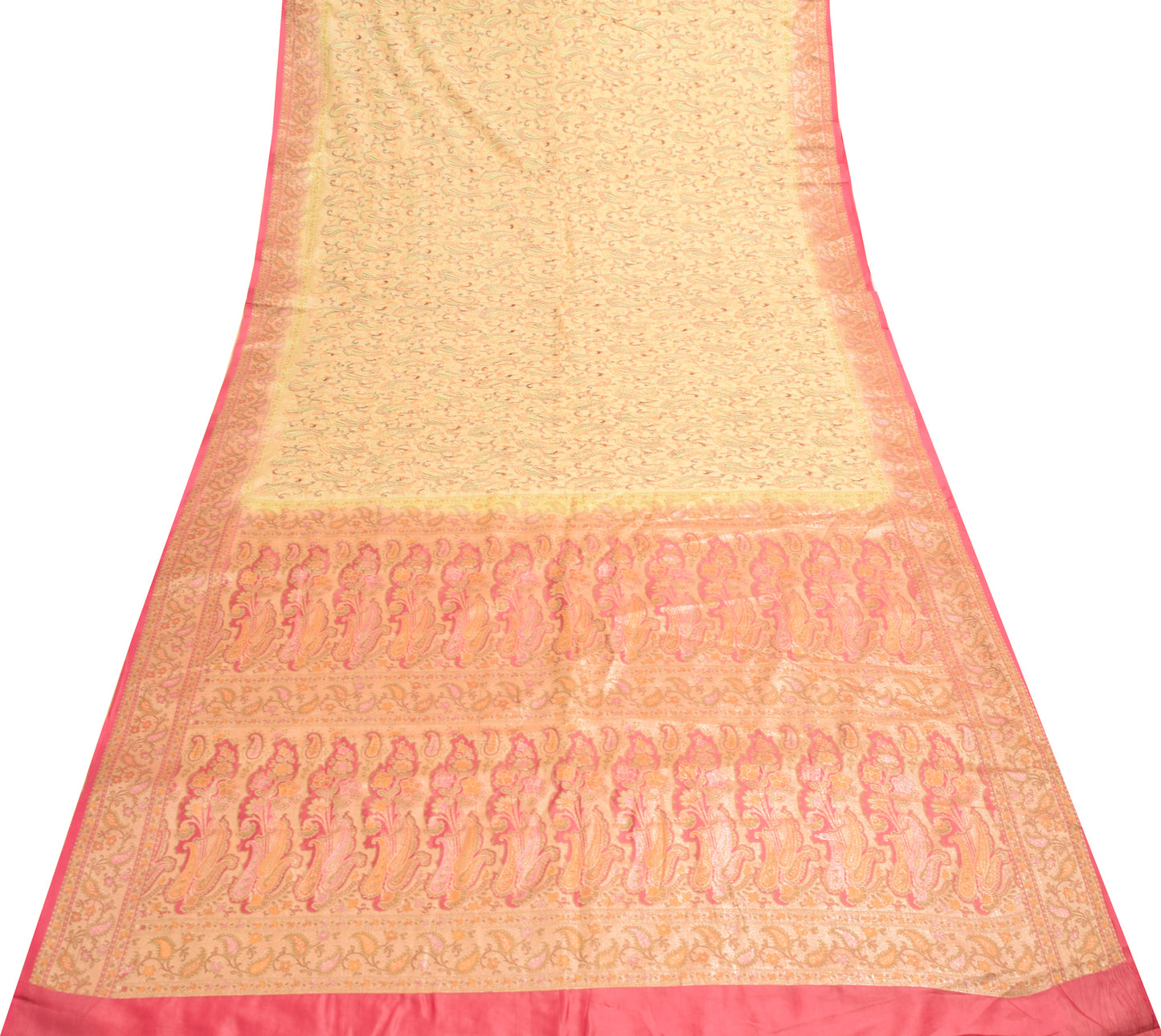 Sushila Vintage Beige Saree 100% Pure Silk Paisley Embroidered Sari Craft Fabric
