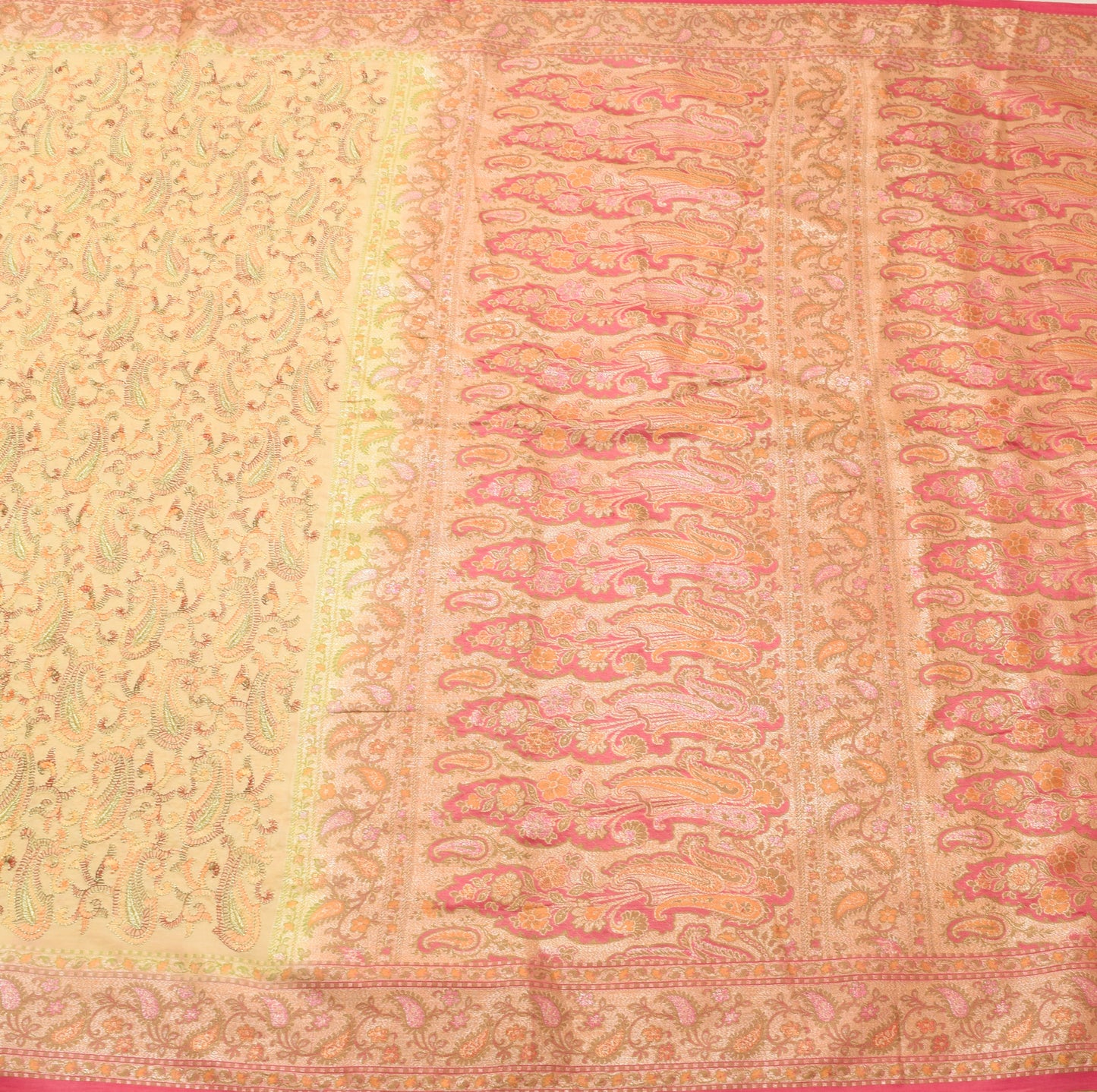 Sushila Vintage Beige Saree 100% Pure Silk Paisley Embroidered Sari Craft Fabric