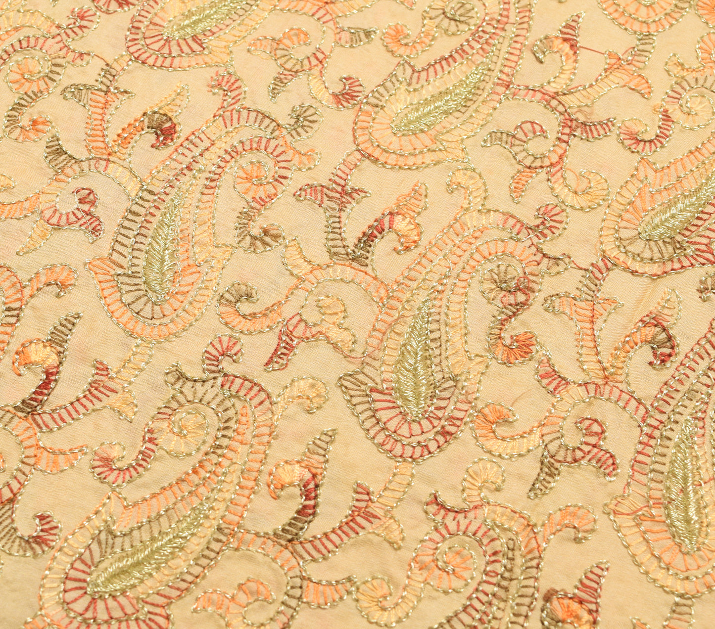 Sushila Vintage Beige Saree 100% Pure Silk Paisley Embroidered Sari Craft Fabric