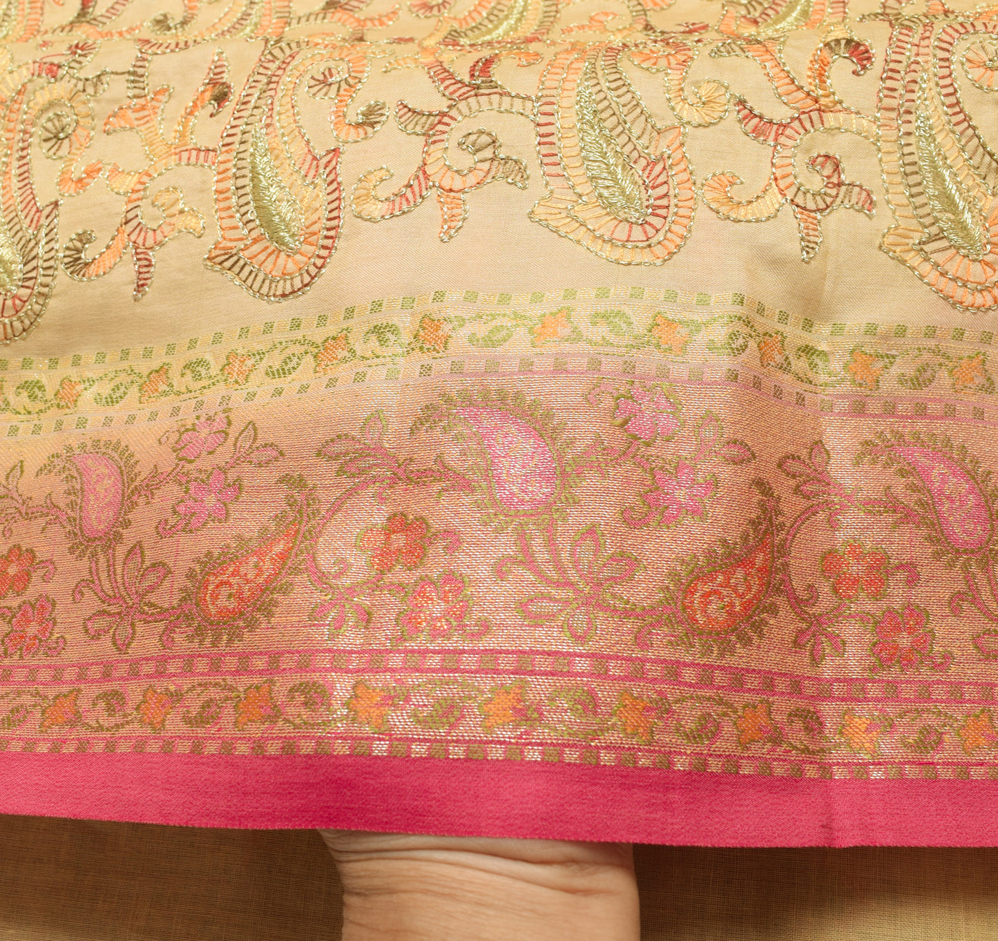 Sushila Vintage Beige Saree 100% Pure Silk Paisley Embroidered Sari Craft Fabric