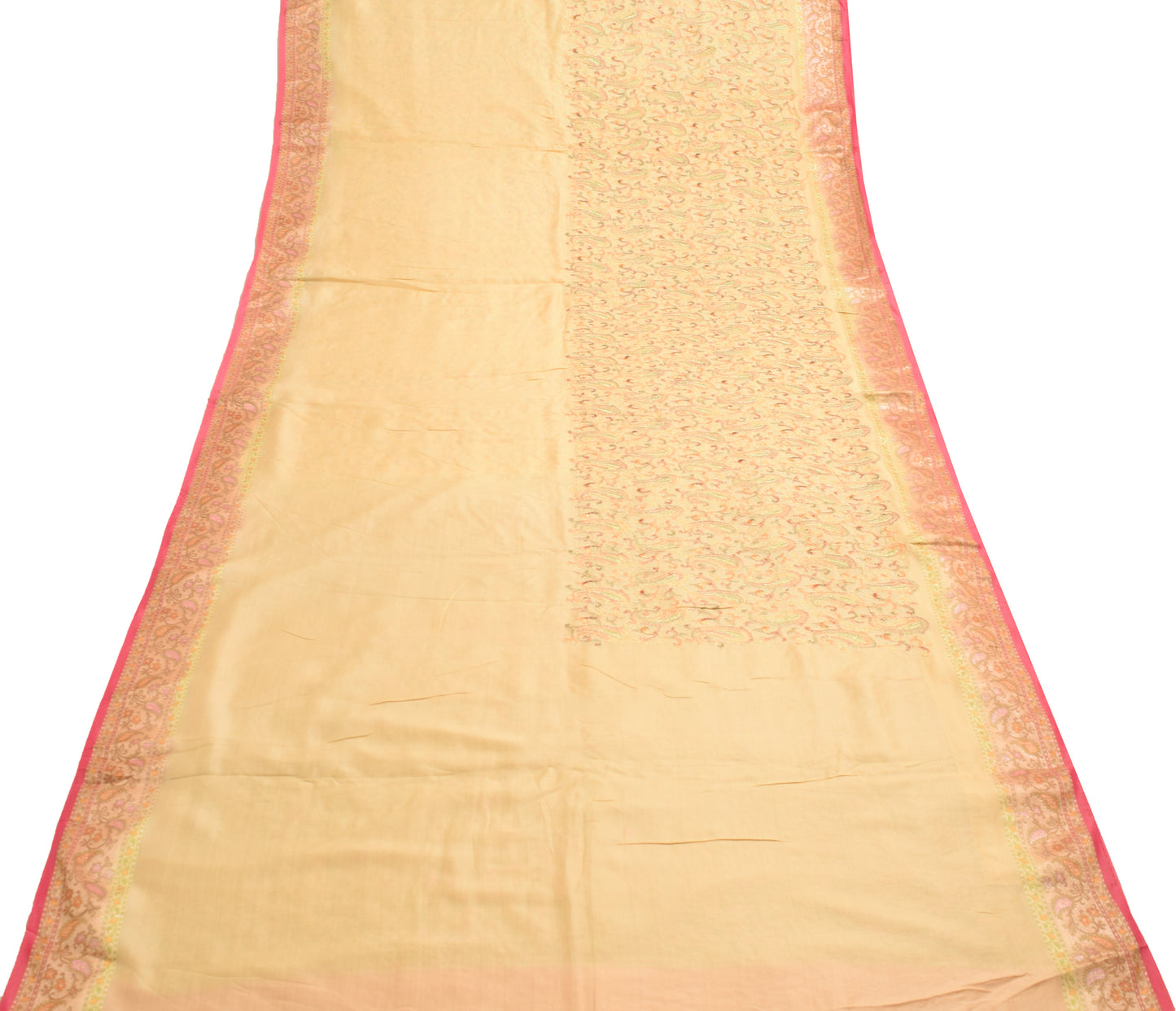 Sushila Vintage Beige Saree 100% Pure Silk Paisley Embroidered Sari Craft Fabric