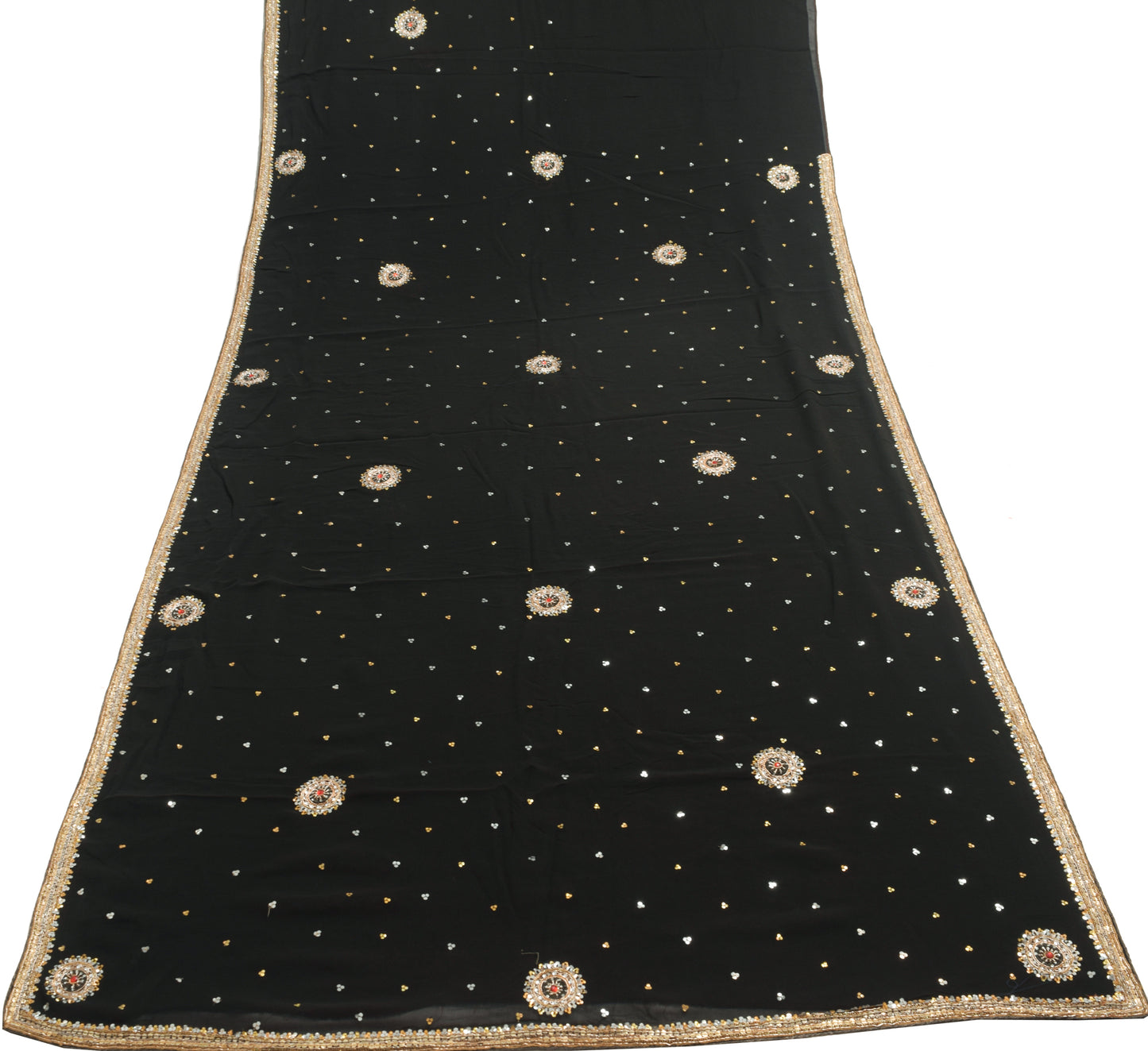 Sushila Vintage Black Hand Beaded Saree 100% Pure Georgette Silk Sari Fabric