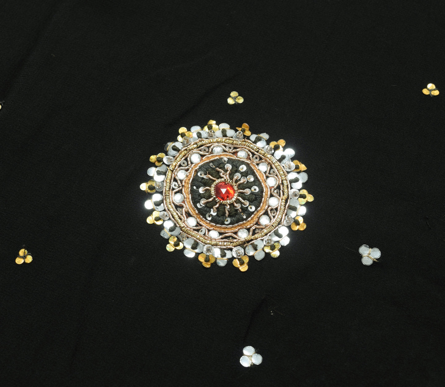 Sushila Vintage Black Hand Beaded Saree 100% Pure Georgette Silk Sari Fabric