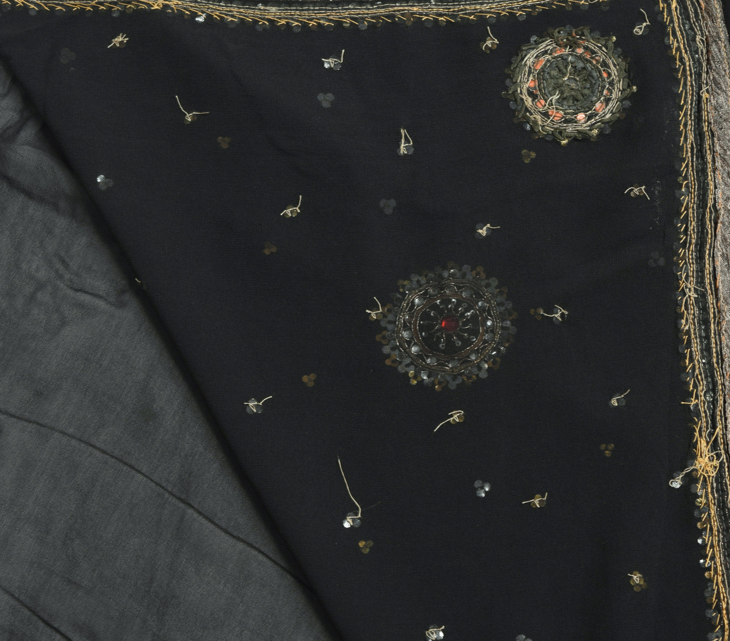 Sushila Vintage Black Hand Beaded Saree 100% Pure Georgette Silk Sari Fabric