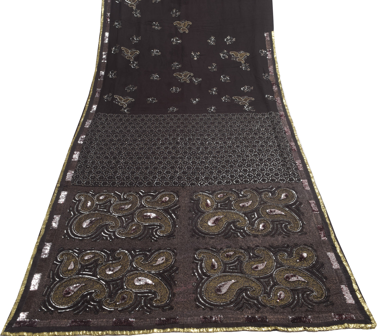 Sushila Vintage Black Sequins Embroidered Saree Georgette Silk Sari Craft Fabric