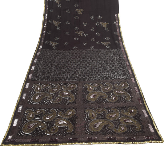 Sushila Vintage Black Sequins Embroidered Saree Georgette Silk Sari Craft Fabric