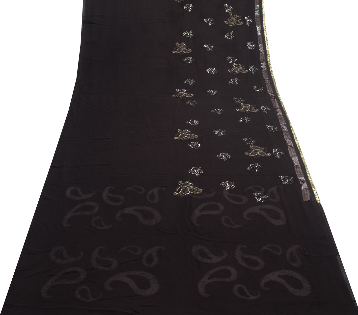Sushila Vintage Black Sequins Embroidered Saree Georgette Silk Sari Craft Fabric