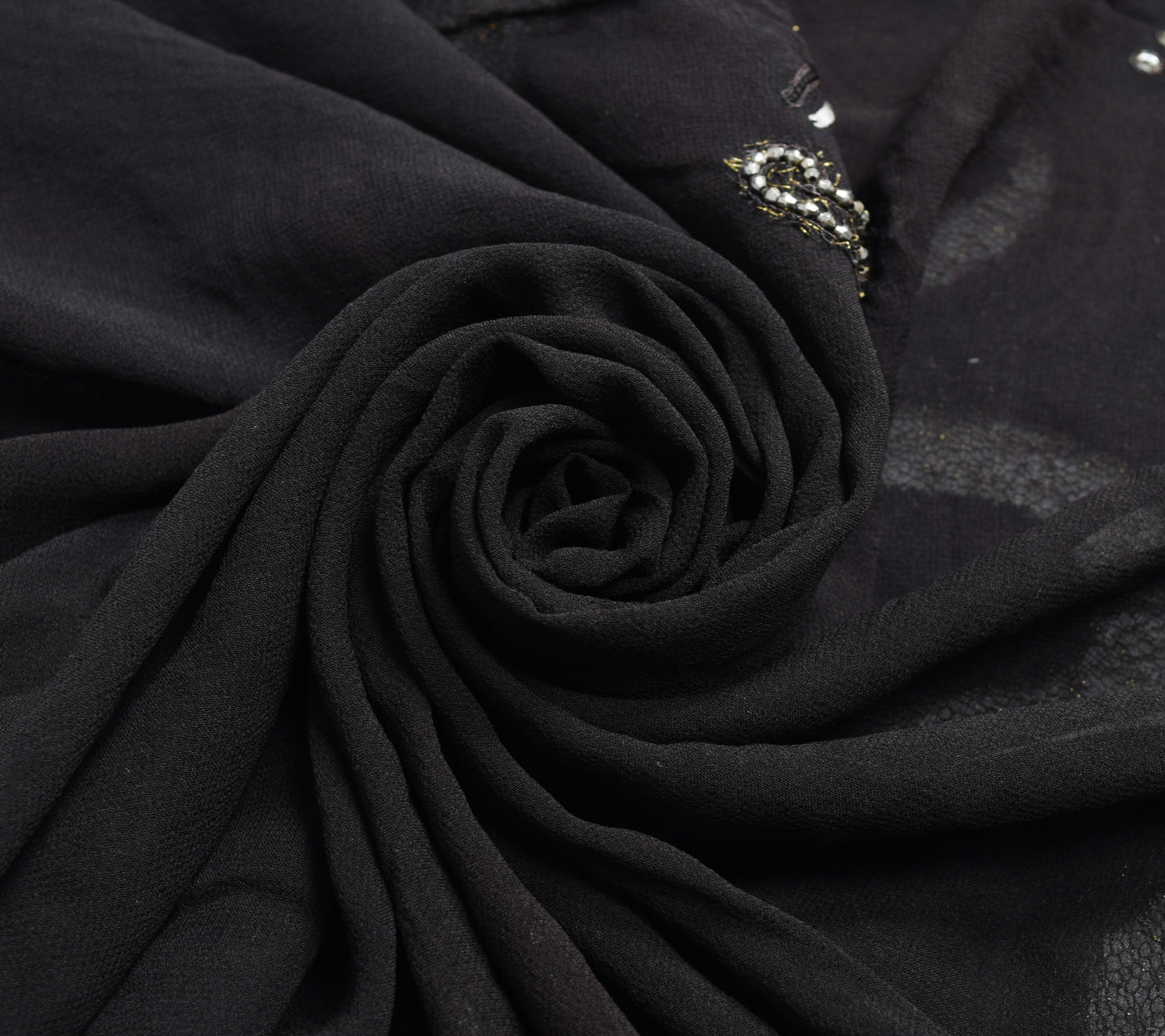 Sushila Vintage Black Sequins Embroidered Saree Georgette Silk Sari Craft Fabric