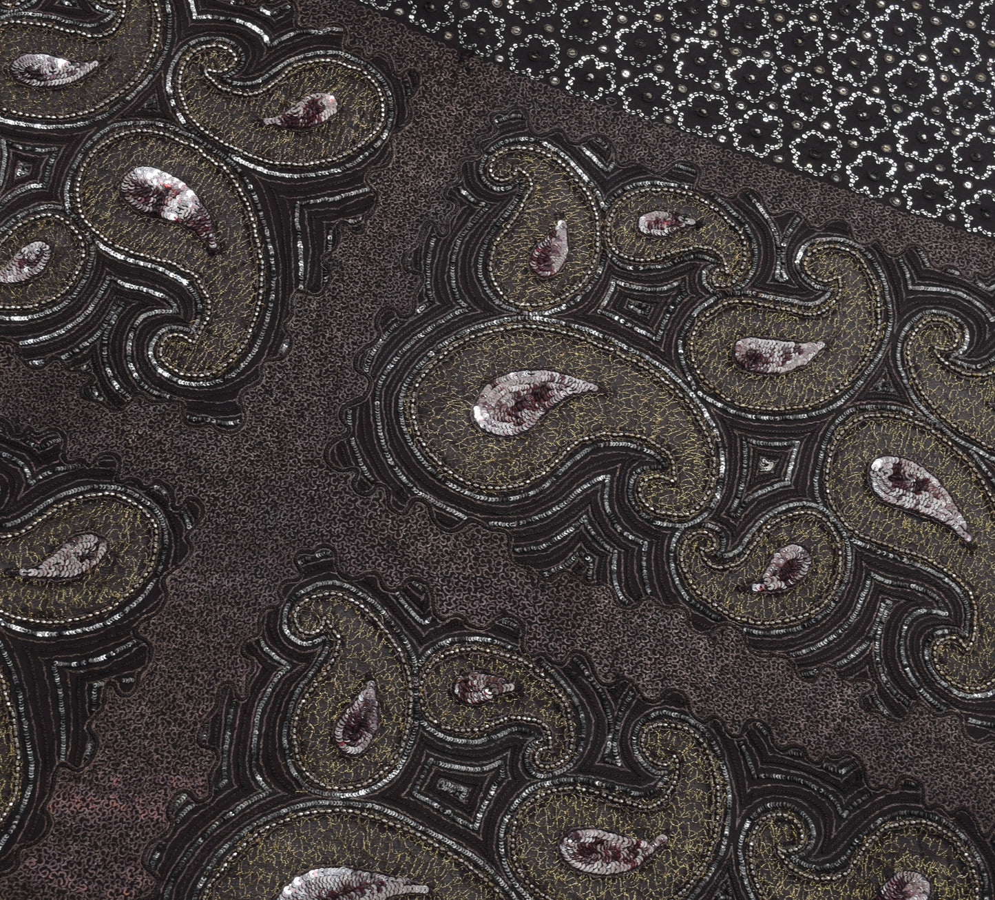 Sushila Vintage Black Sequins Embroidered Saree Georgette Silk Sari Craft Fabric
