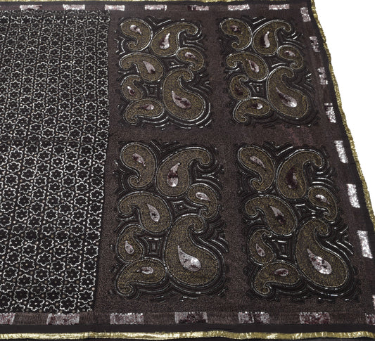 Sushila Vintage Black Sequins Embroidered Saree Georgette Silk Sari Craft Fabric