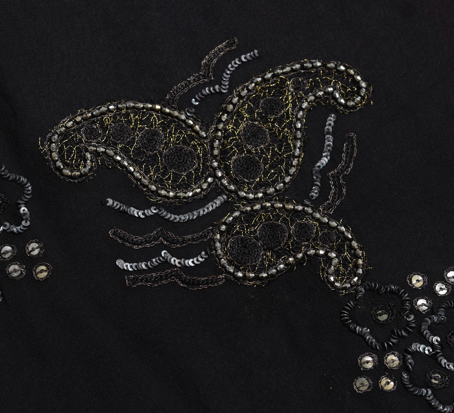 Sushila Vintage Black Sequins Embroidered Saree Georgette Silk Sari Craft Fabric