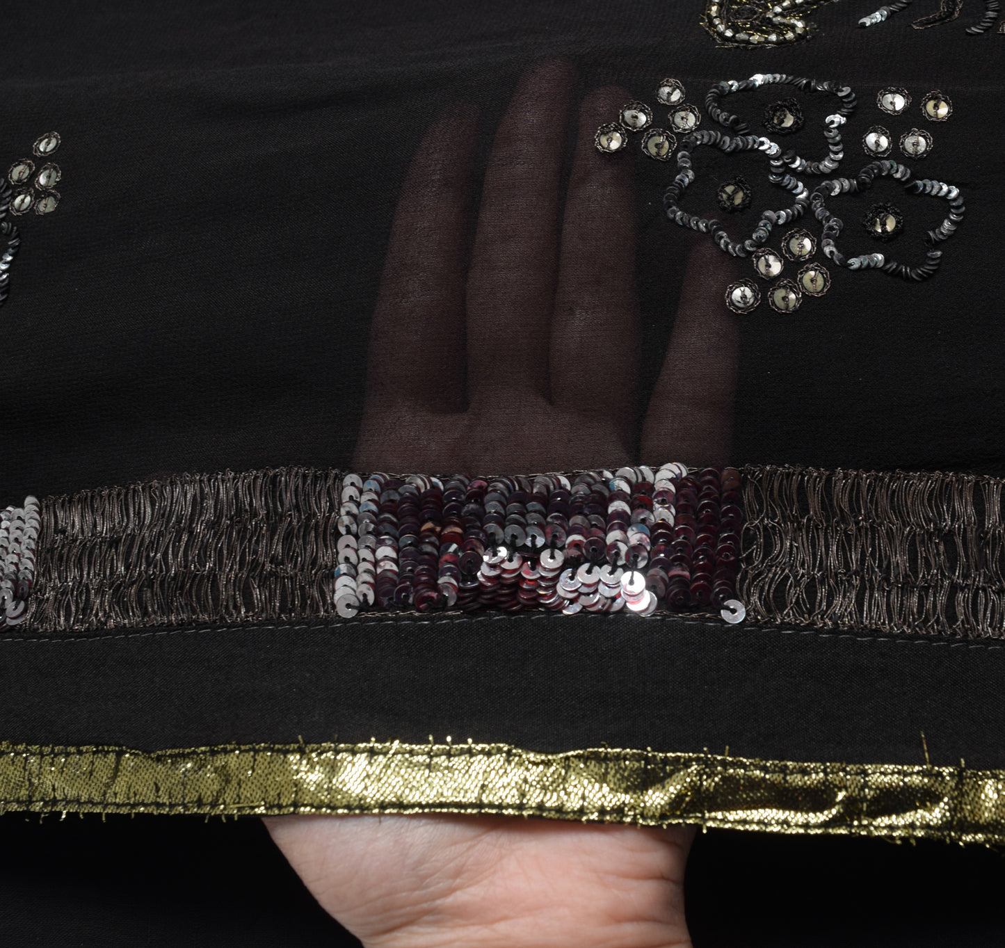 Sushila Vintage Black Sequins Embroidered Saree Georgette Silk Sari Craft Fabric