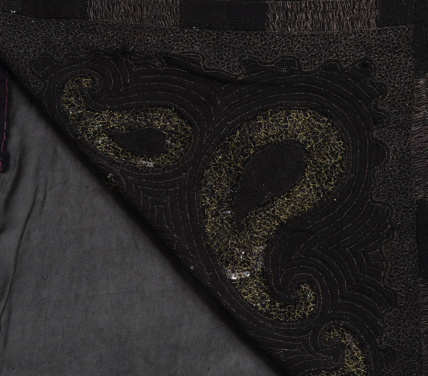 Sushila Vintage Black Sequins Embroidered Saree Georgette Silk Sari Craft Fabric