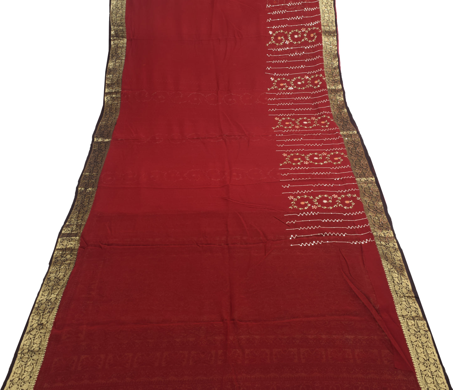 Sushila Vintage Maroon With Black Zari Brocade Saree Georgette Silk Sari Fabric