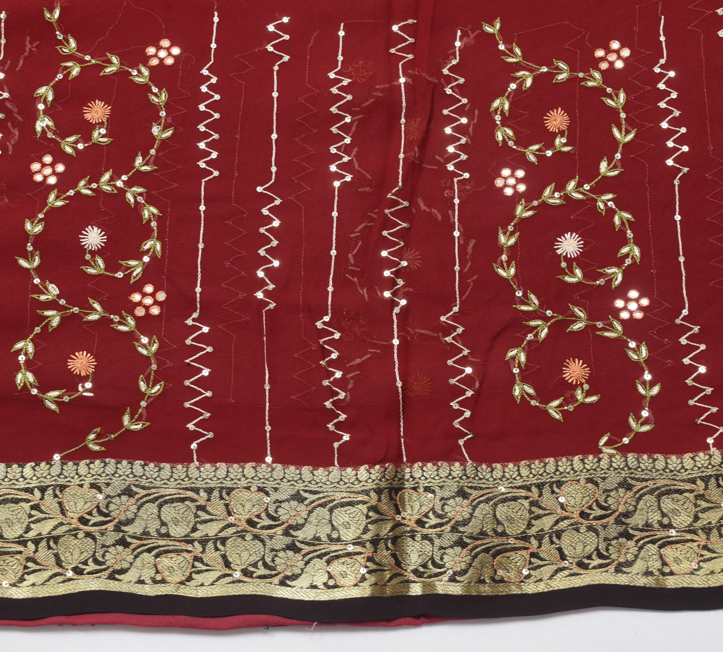 Sushila Vintage Maroon With Black Zari Brocade Saree Georgette Silk Sari Fabric