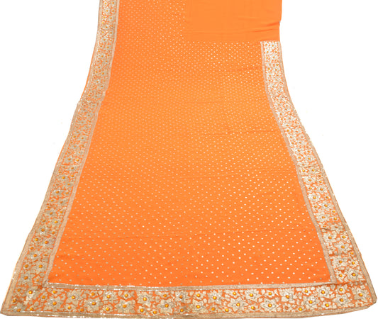 Sushila Vintage Orange Saree 100% Pure Georgette Silk Embroidered Sari Fabric