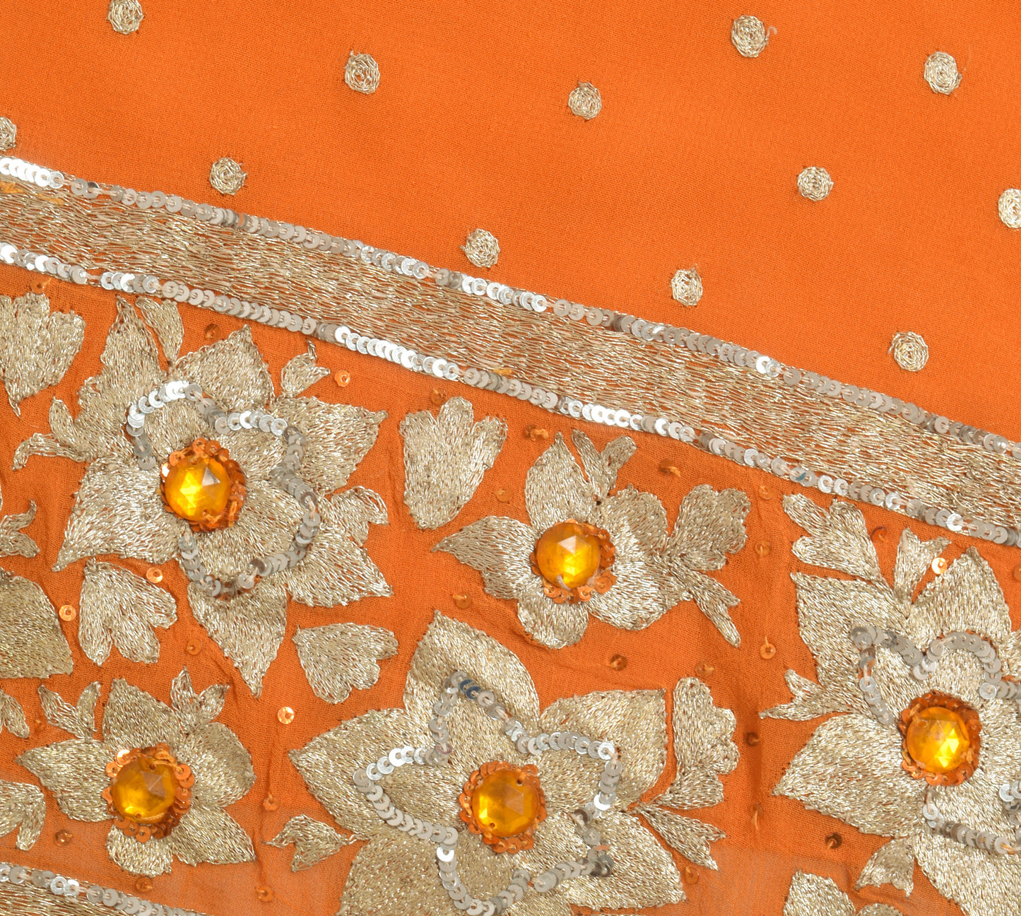 Sushila Vintage Orange Saree 100% Pure Georgette Silk Embroidered Sari Fabric