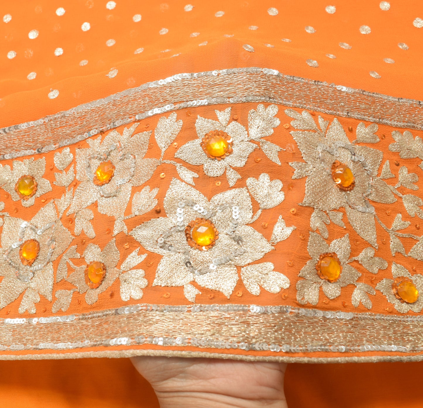 Sushila Vintage Orange Saree 100% Pure Georgette Silk Embroidered Sari Fabric