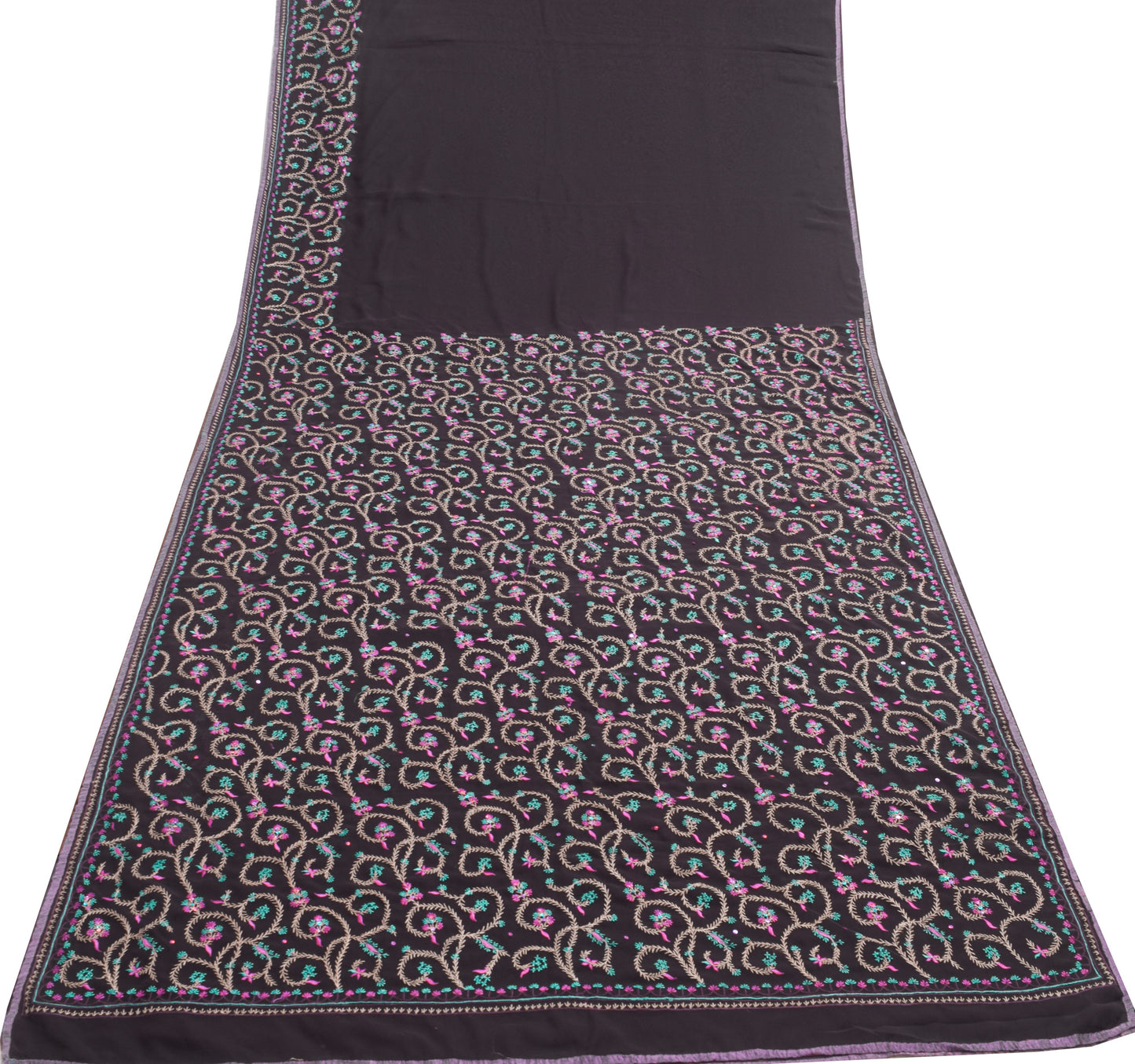 Sushila Vintage Black Saree Georgette Silk Embroidered Floral Sari Craft Fabric