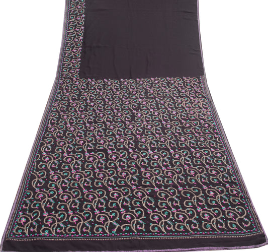 Sushila Vintage Black Saree Georgette Silk Embroidered Floral Sari Craft Fabric