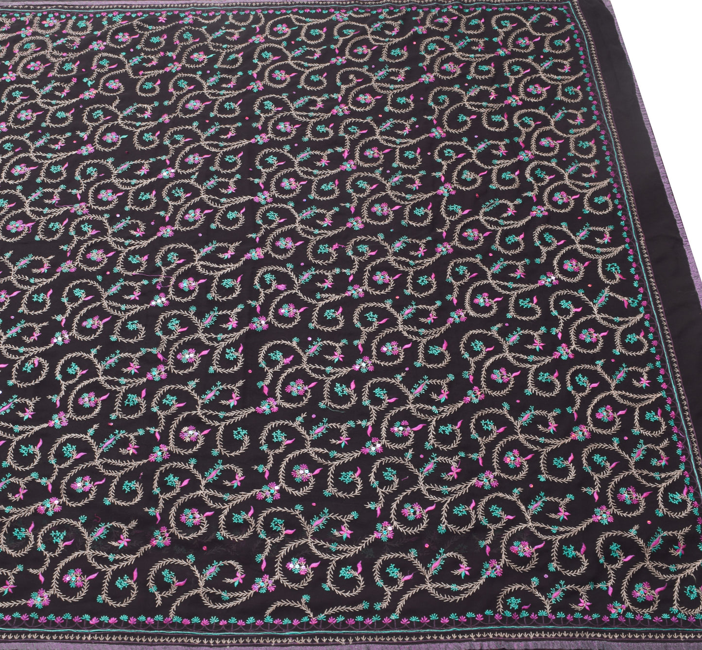 Sushila Vintage Black Saree Georgette Silk Embroidered Floral Sari Craft Fabric