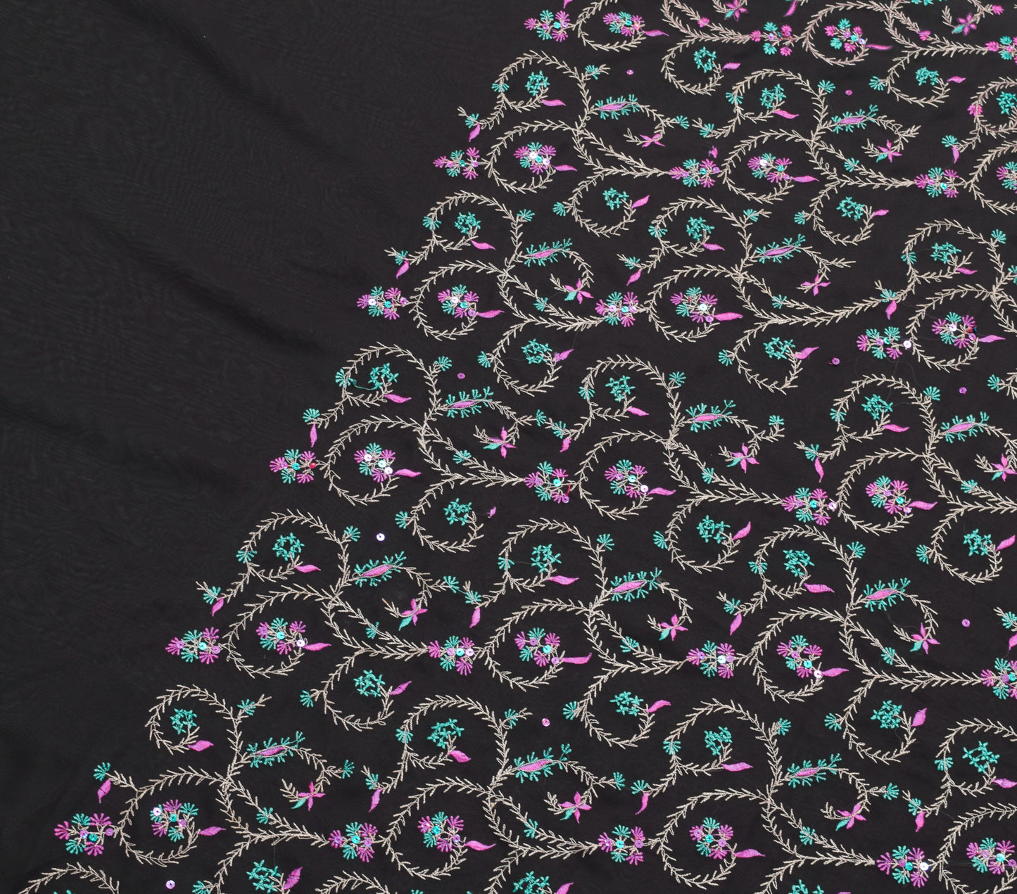Sushila Vintage Black Saree Georgette Silk Embroidered Floral Sari Craft Fabric