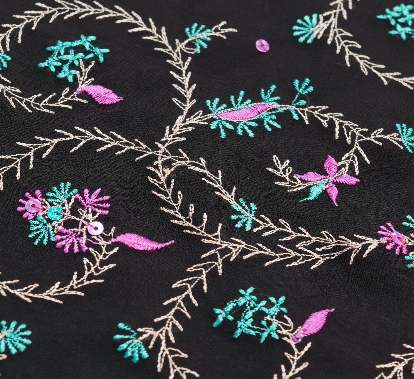 Sushila Vintage Black Saree Georgette Silk Embroidered Floral Sari Craft Fabric