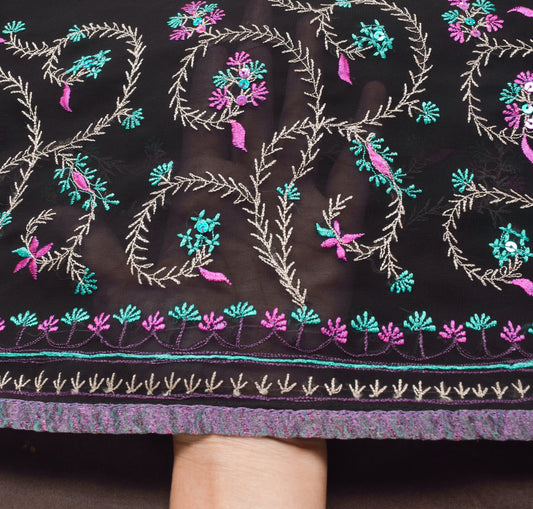 Sushila Vintage Black Saree Georgette Silk Embroidered Floral Sari Craft Fabric