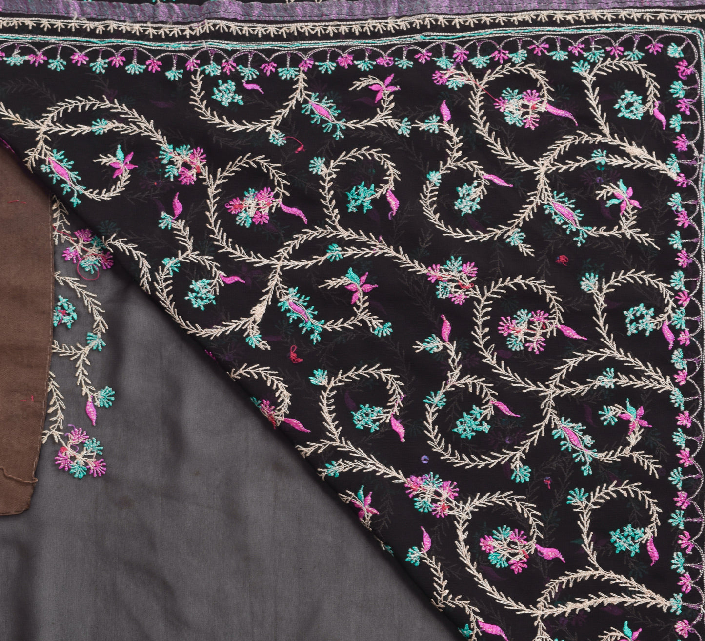 Sushila Vintage Black Saree Georgette Silk Embroidered Floral Sari Craft Fabric