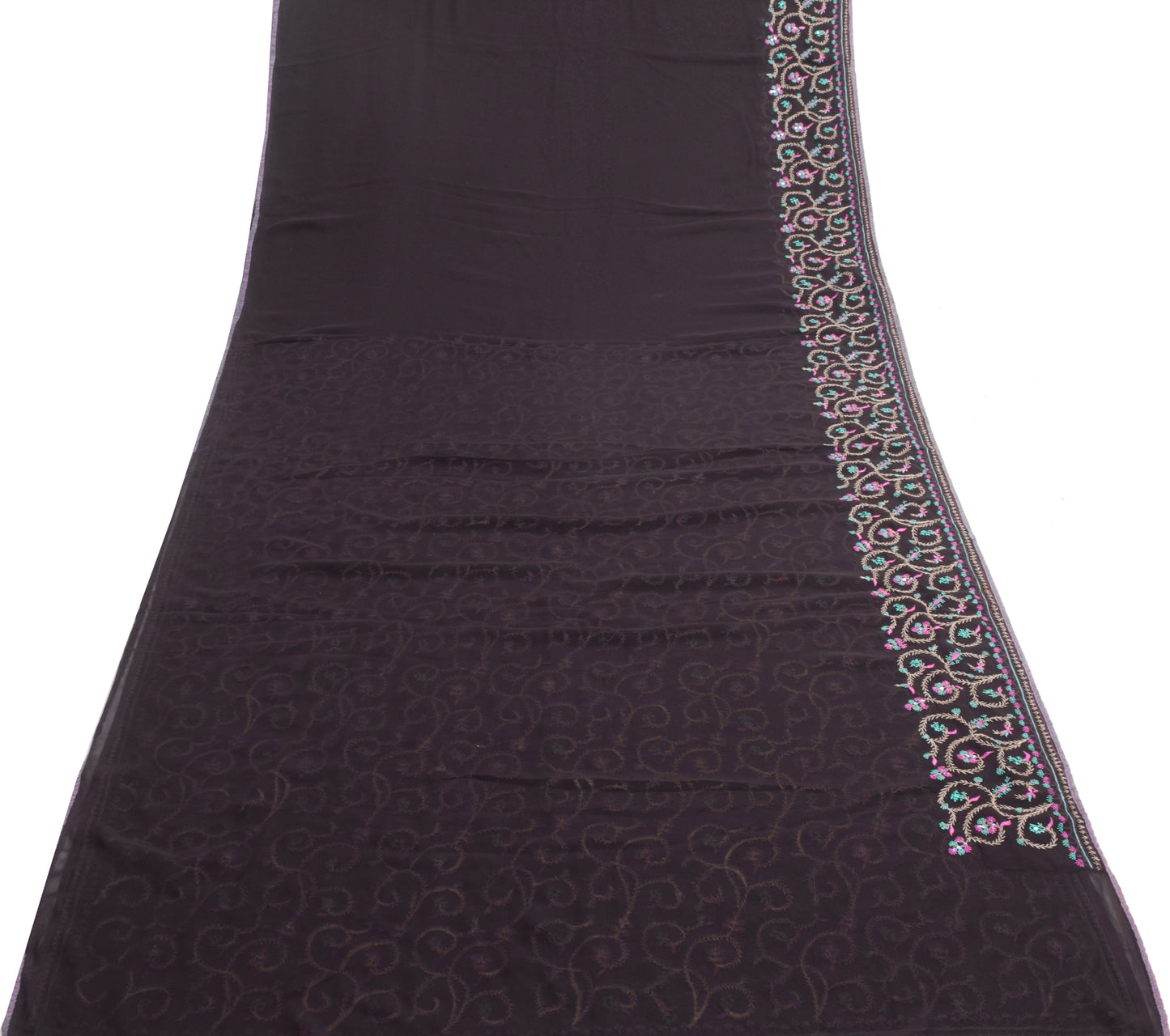 Sushila Vintage Black Saree Georgette Silk Embroidered Floral Sari Craft Fabric