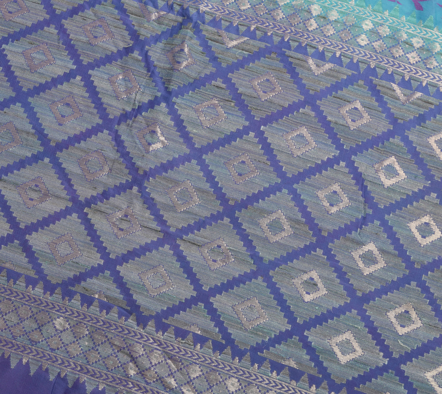 Sushila Vintage Aqua Blue Saree Pure Crepe Silk Woven Floral Sari Craft Fabric
