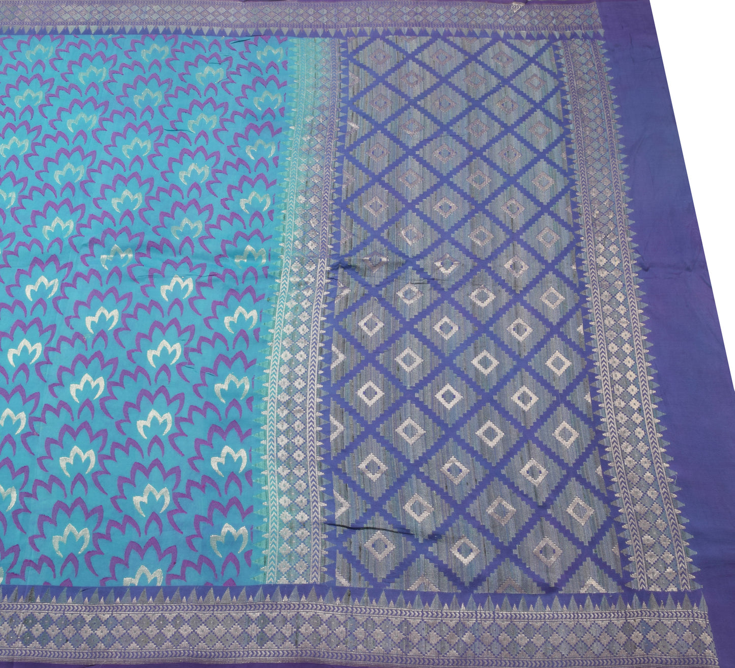 Sushila Vintage Aqua Blue Saree Pure Crepe Silk Woven Floral Sari Craft Fabric