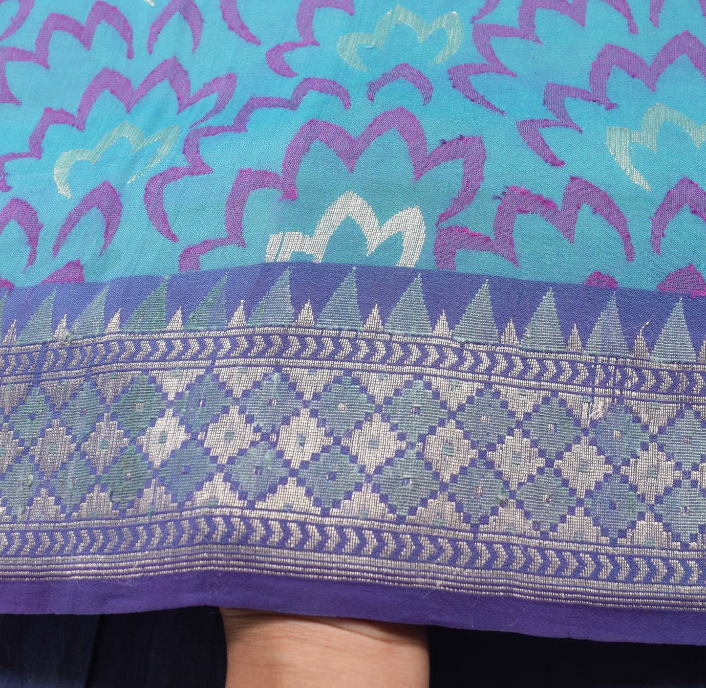 Sushila Vintage Aqua Blue Saree Pure Crepe Silk Woven Floral Sari Craft Fabric