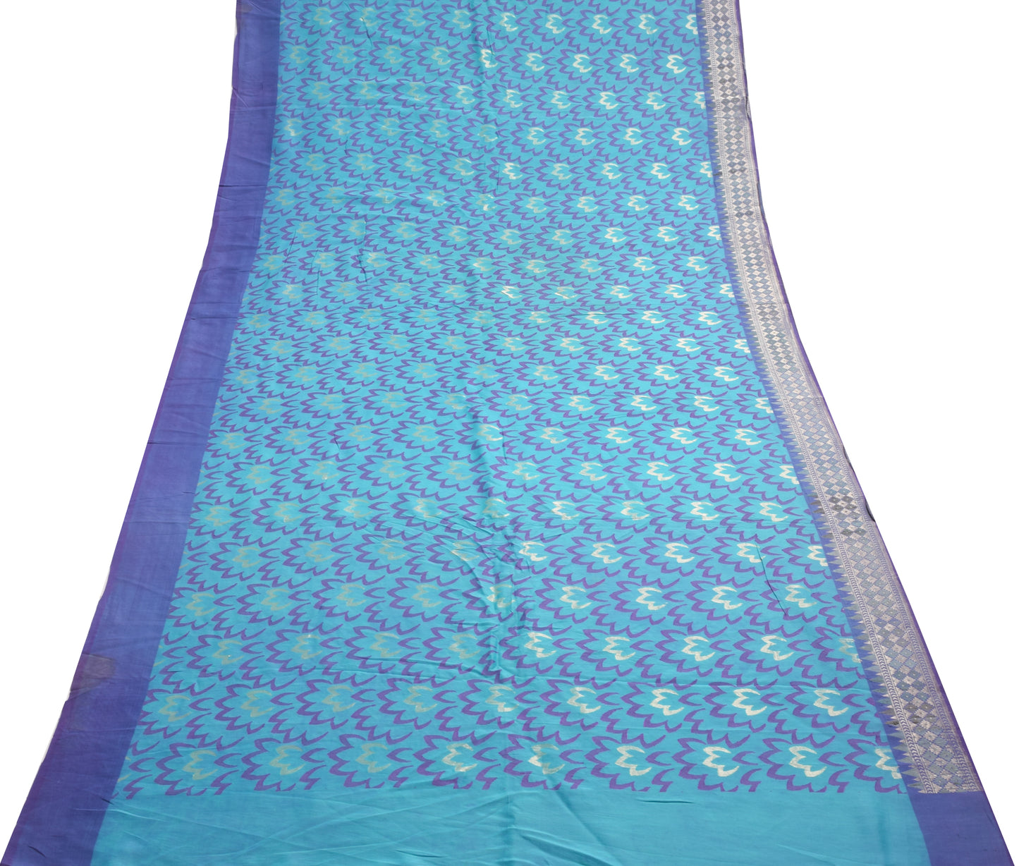Sushila Vintage Aqua Blue Saree Pure Crepe Silk Woven Floral Sari Craft Fabric