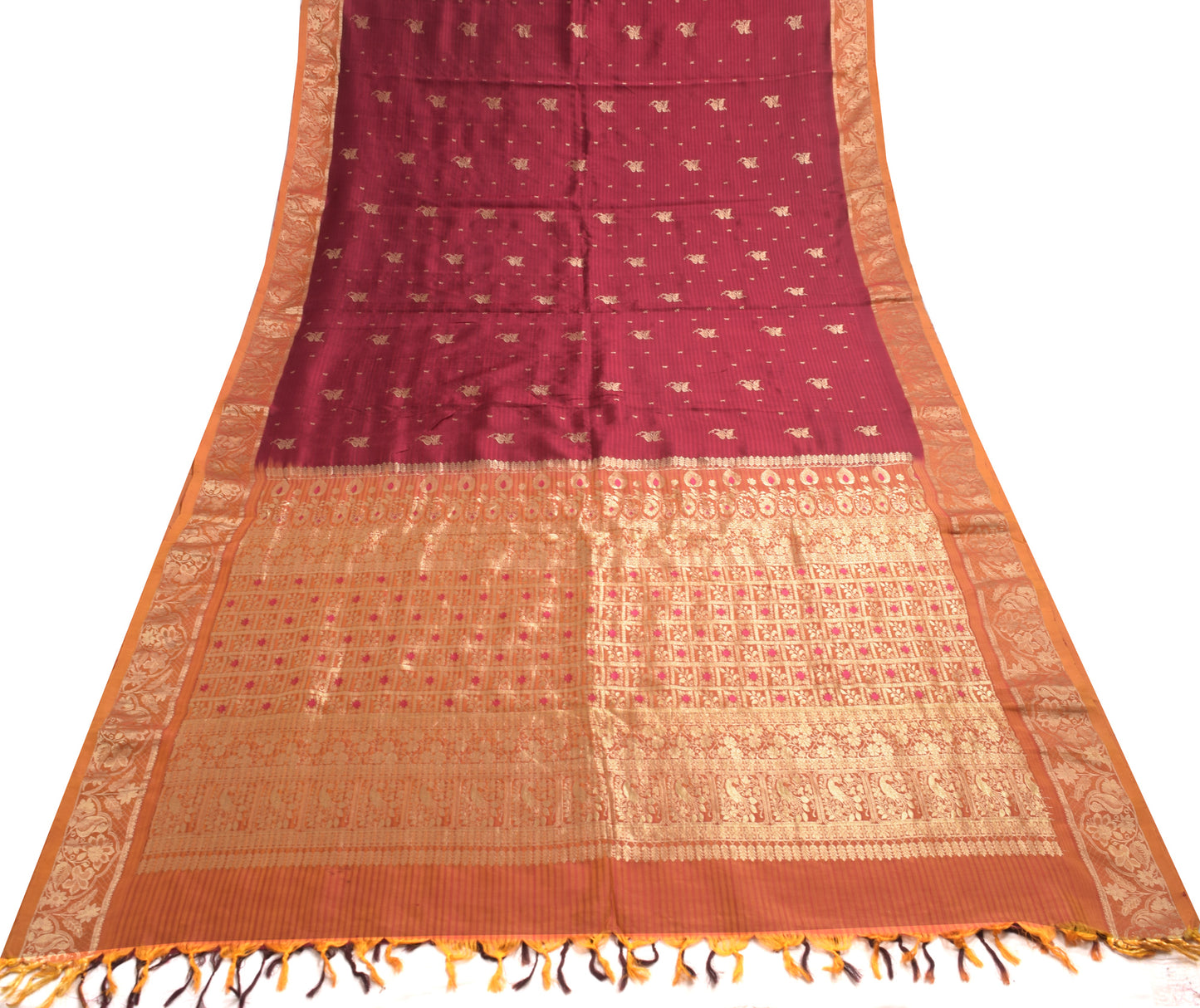 Sushila Vintage Maroon & Mustard Saree 100% Pure Silk Floral Woven Kanjivaram Sari Craft Fabric