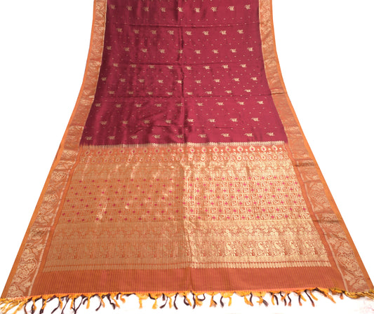 Sushila Vintage Maroon & Mustard Saree 100% Pure Silk Floral Woven Kanjivaram Sari Craft Fabric