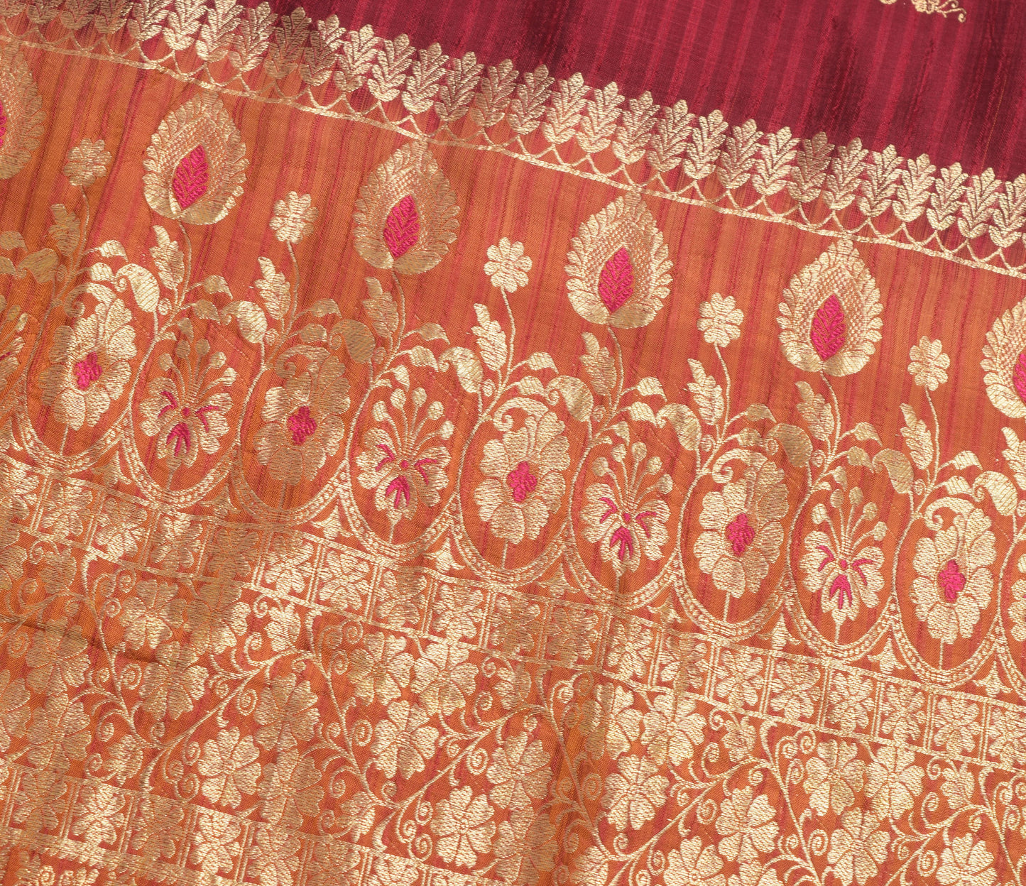 Sushila Vintage Maroon & Mustard Saree 100% Pure Silk Floral Woven Kanjivaram Sari Craft Fabric