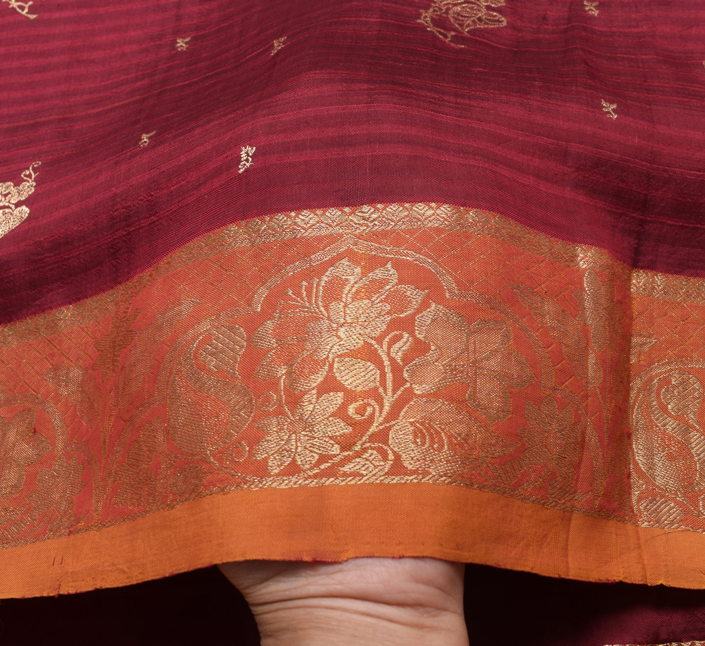 Sushila Vintage Maroon & Mustard Saree 100% Pure Silk Floral Woven Kanjivaram Sari Craft Fabric
