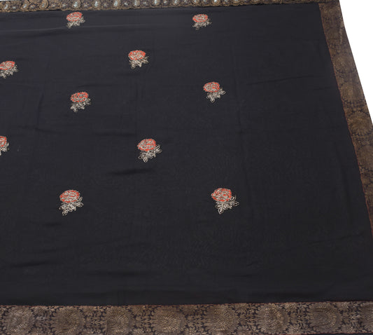 Sushila Vintage Black Floral Saree 100% Pure Georgette Silk Patch  Work Fabric