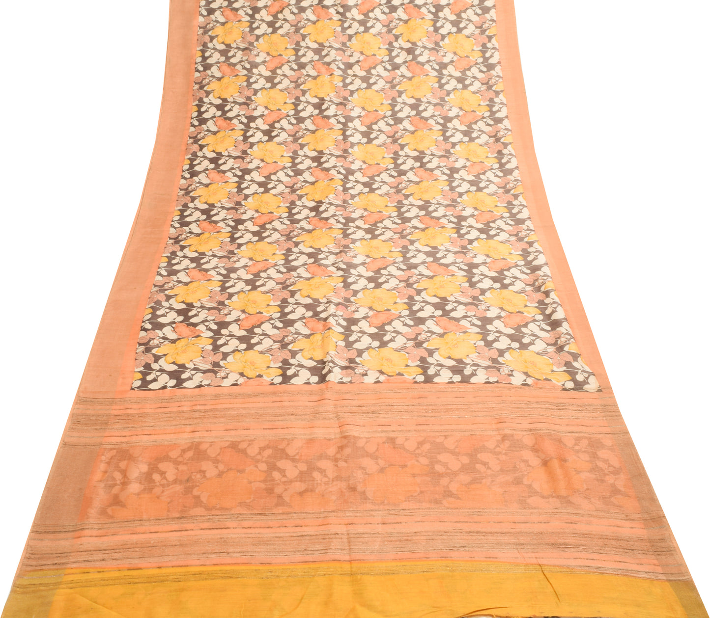 Sushila Vintage Brown Floral Saree 100% Pure Silk Woven & Printed Sari Fabric
