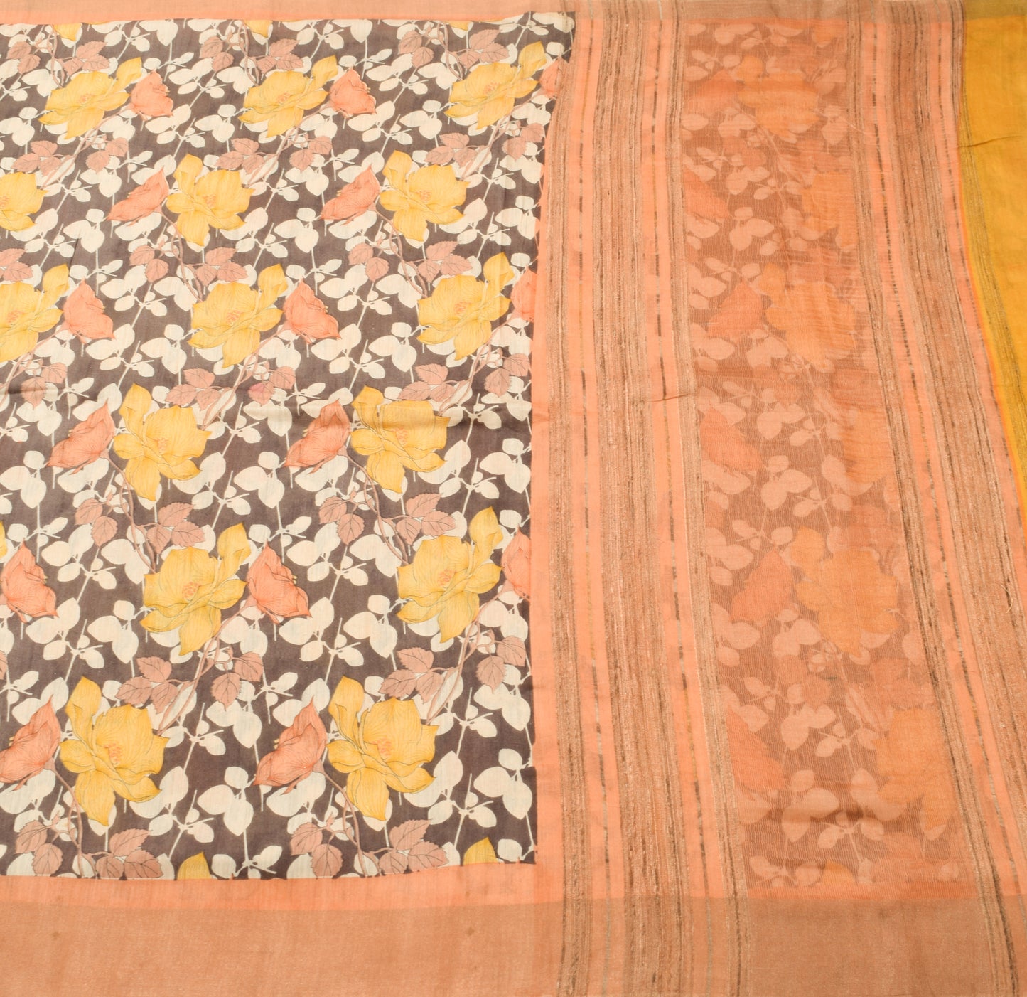 Sushila Vintage Brown Floral Saree 100% Pure Silk Woven & Printed Sari Fabric