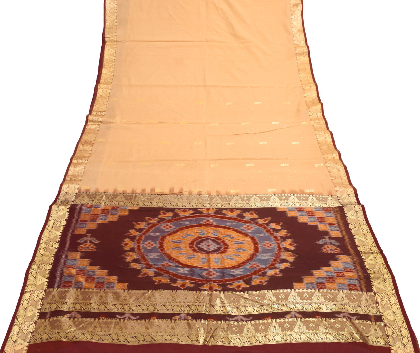 Sushila Vintage Beige Saree 100% Pure Cotton All Over Woven Floral Sari Fabric