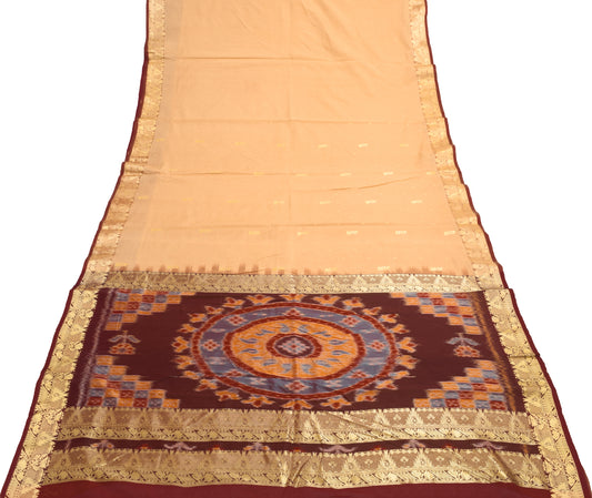 Sushila Vintage Beige Saree 100% Pure Cotton All Over Woven Floral Sari Fabric
