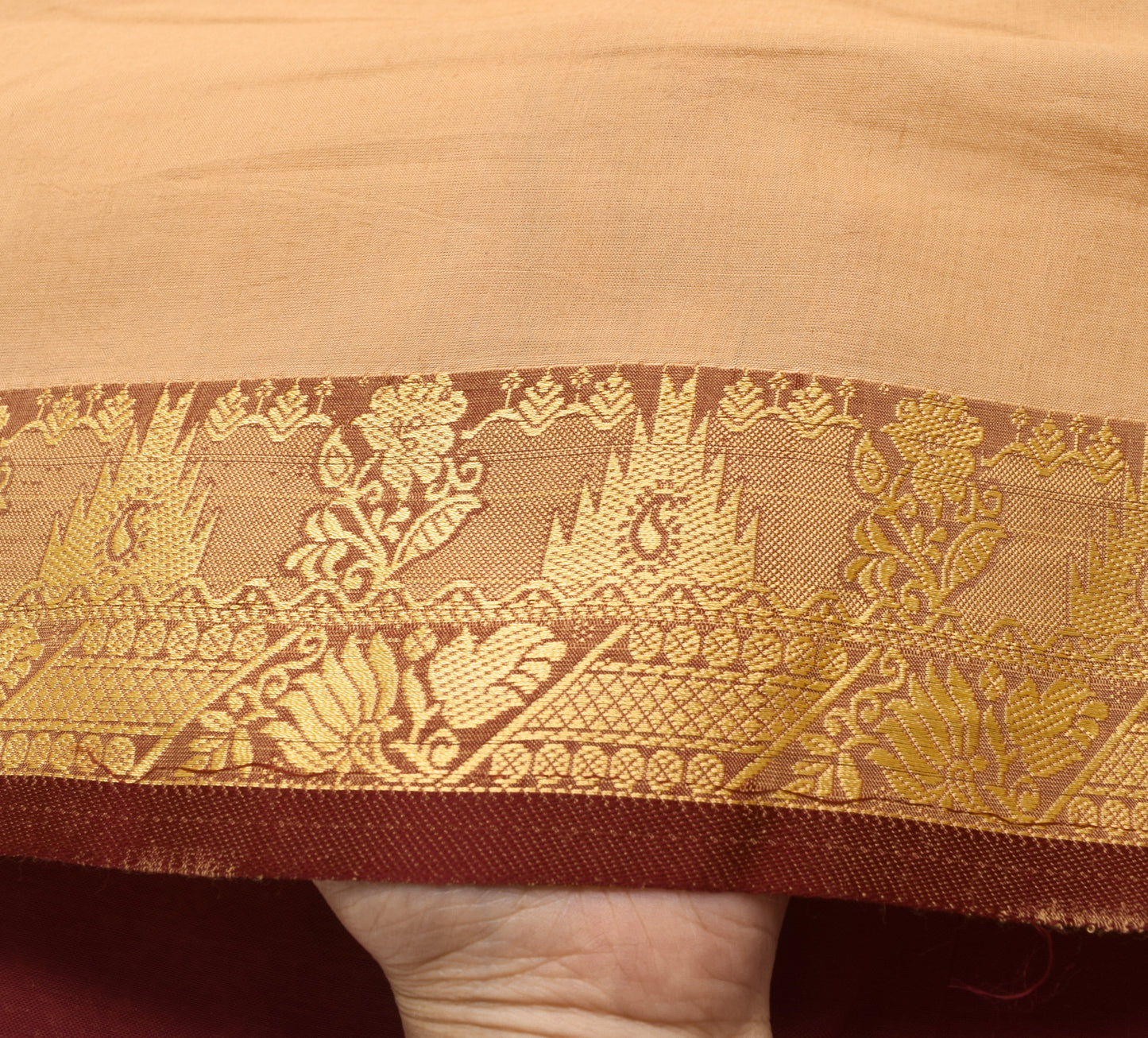 Sushila Vintage Beige Saree 100% Pure Cotton All Over Woven Floral Sari Fabric