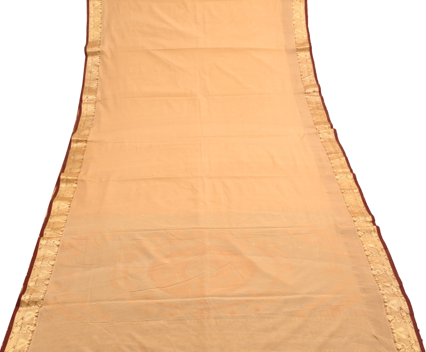 Sushila Vintage Beige Saree 100% Pure Cotton All Over Woven Floral Sari Fabric