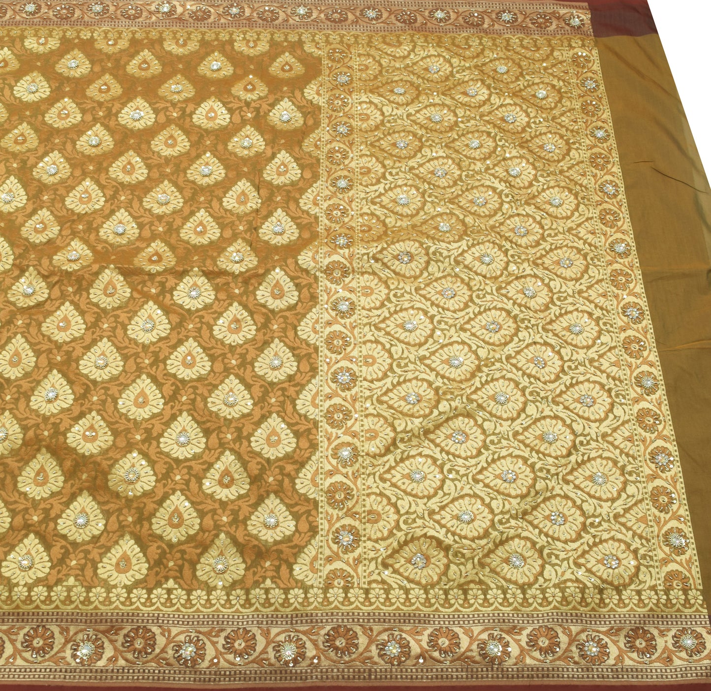Sushila Vintage Green Silk Blend Saree Floral All Over Woven Indian Sari Fabric