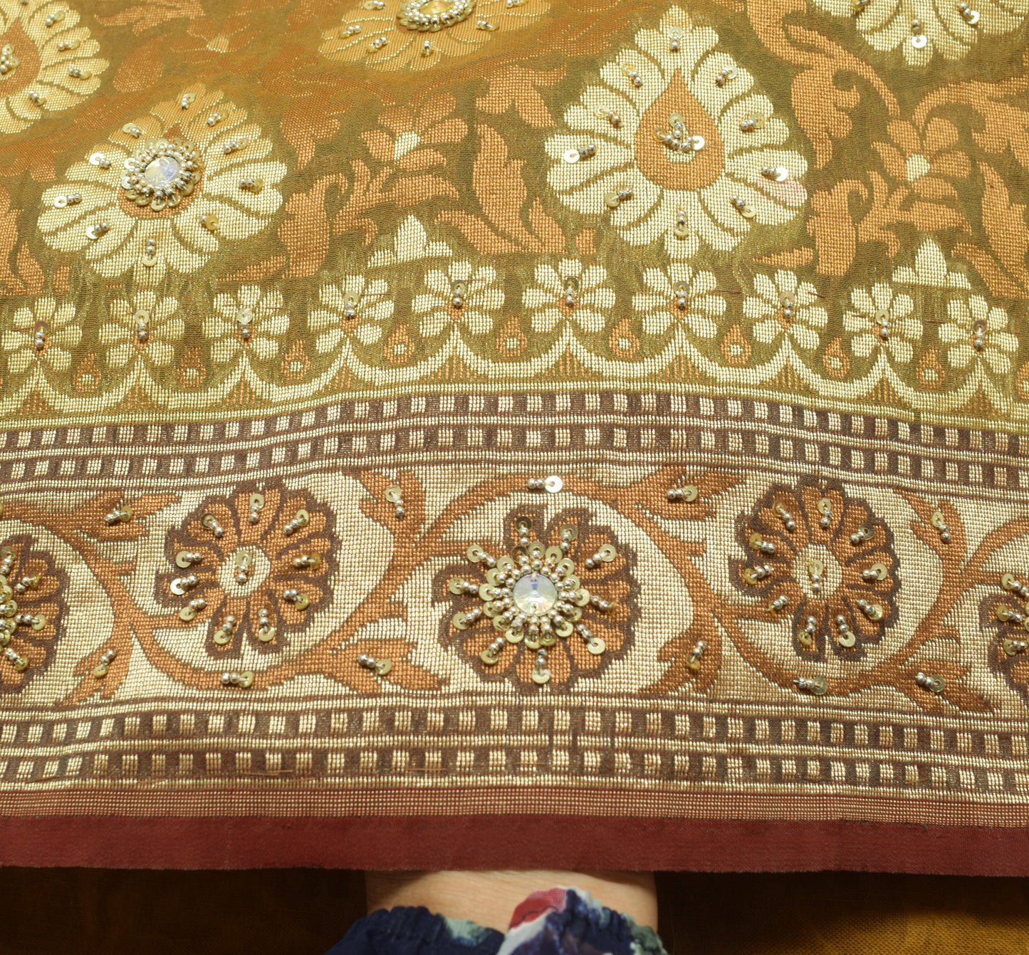 Sushila Vintage Green Silk Blend Saree Floral All Over Woven Indian Sari Fabric