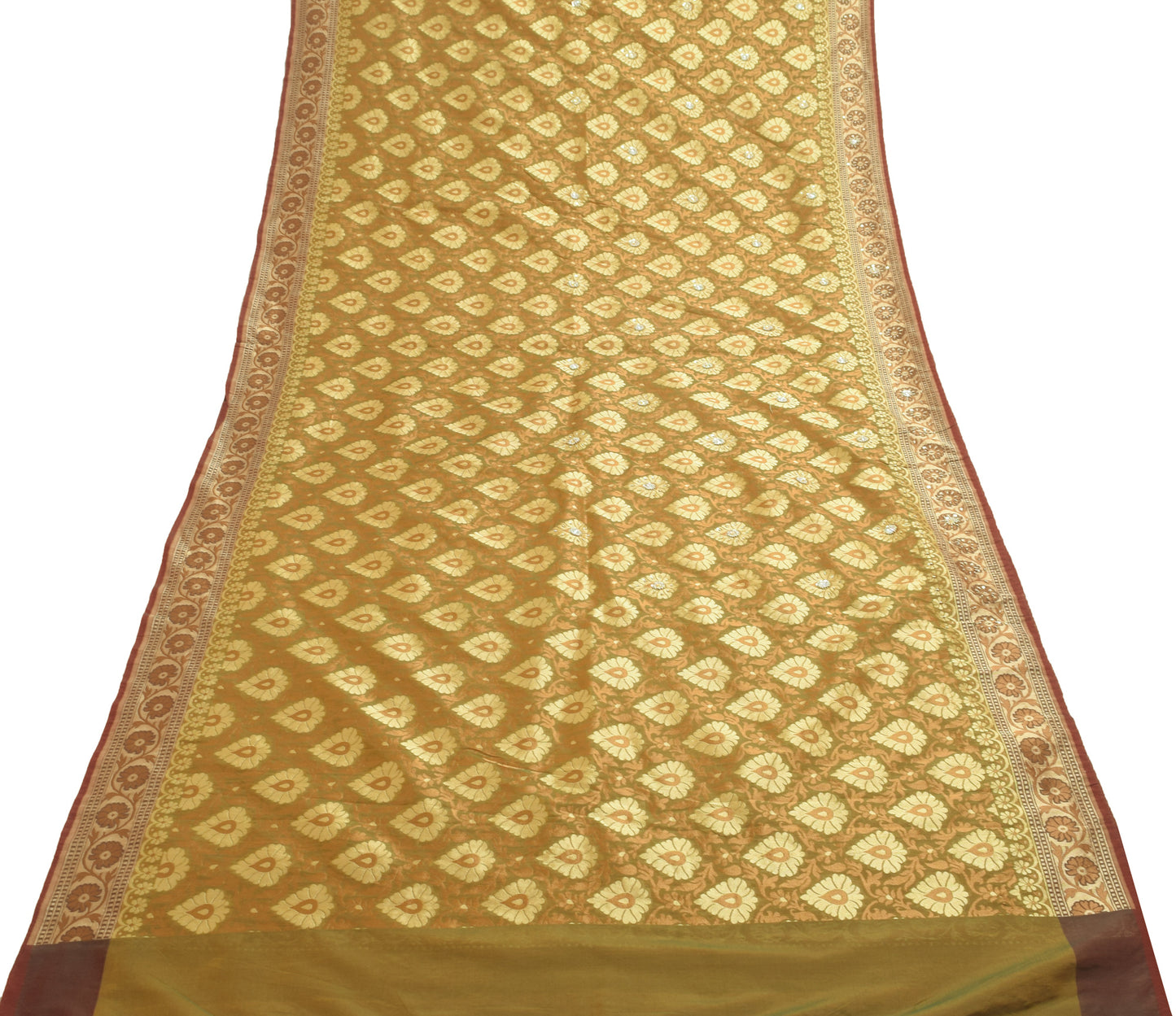 Sushila Vintage Green Silk Blend Saree Floral All Over Woven Indian Sari Fabric