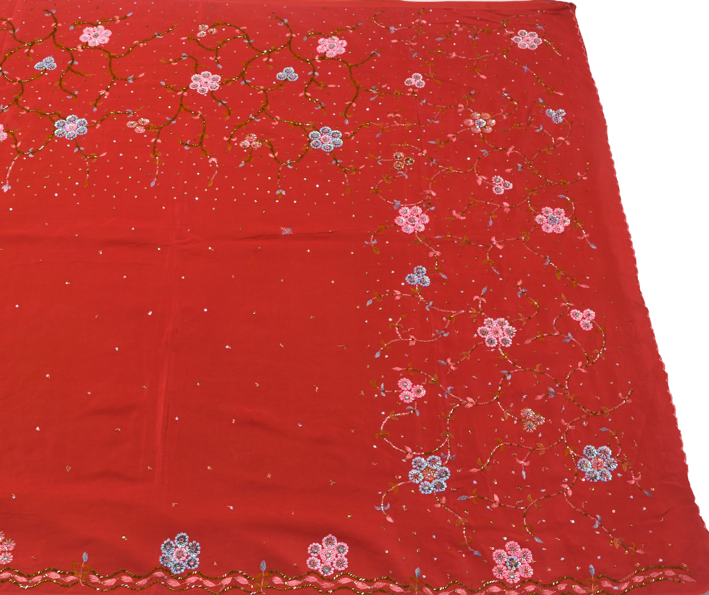 Sushila Vintage Dark Rust Saree Pure Crepe Silk Hand Beaded Sari Floral Fabric